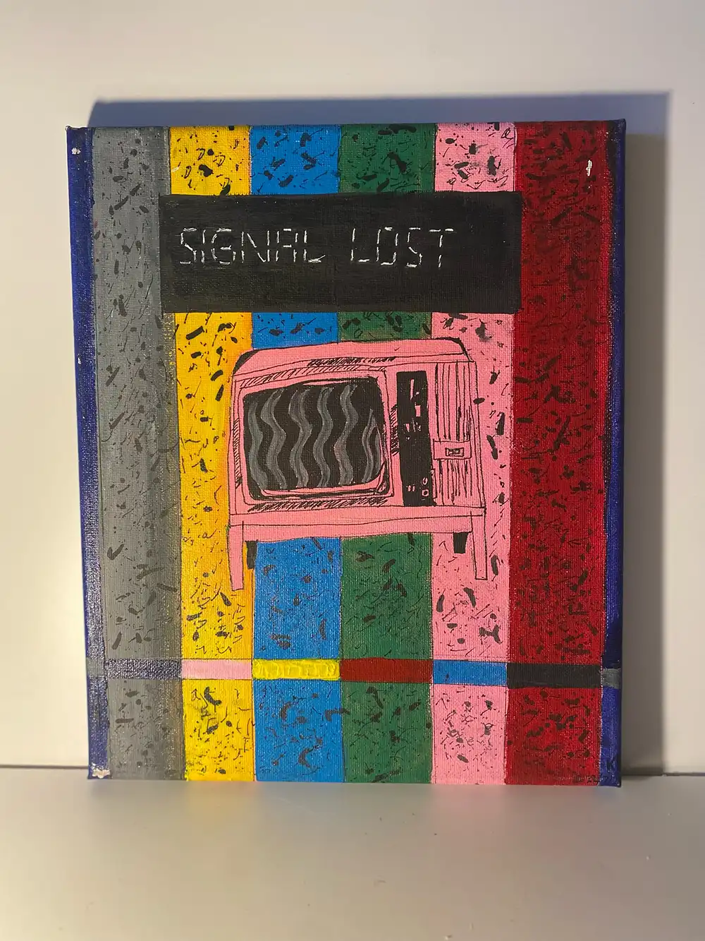 A colourful acrylic painting with a television motif.